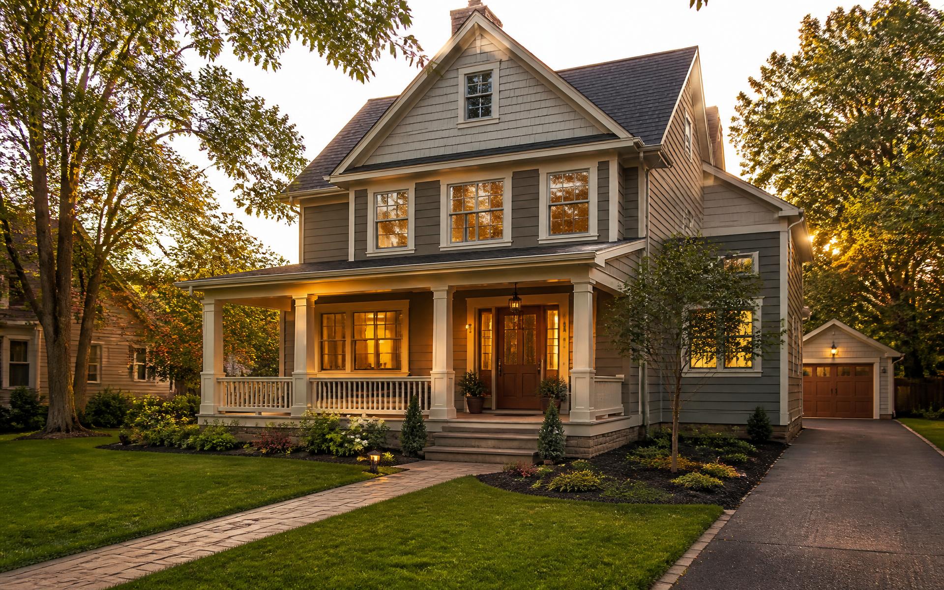 Renovated two-story home with fresh exterior paint and finished trim work at sunset